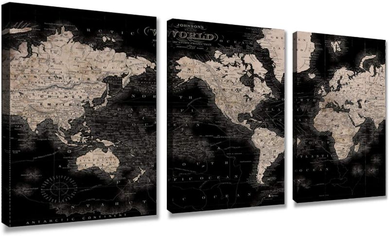 Photo 1 of **DAMAGE TO ONE CANVAS REFER TO PHOTO** ACTUAL SET IS DIFFERENT FROM STOCK PHOTO
Vintage World Map Canvas Wall Art Retro Map of The World Canvas Prints Framed and Stretched for Living Room Ready to Hang 12''x16'' 3 Piece
