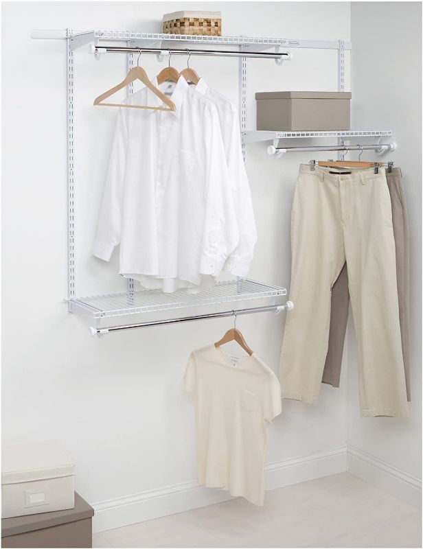 Photo 1 of **PREVIOUSLY OPENED, USED, MISSING HARDWARE**
Rubbermaid Configurations Classic Closet Kit, White, 3-6 Ft., Wire Shelving Kit with Expandable Shelving and Telescoping Rods, Custom Closet Organization System, Easy Installation
