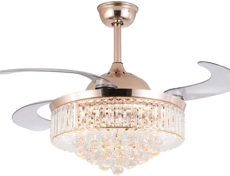 Photo 1 of **ACTUAL CHANDELIER IS SILVER**, USED***, MISSING HARDWARE****MISSING COMPONENTS**
 Crystal Ceiling Fan with Light, Invisible Ceiling Chandelier Fan with Light and Remote, (42 Inch)

