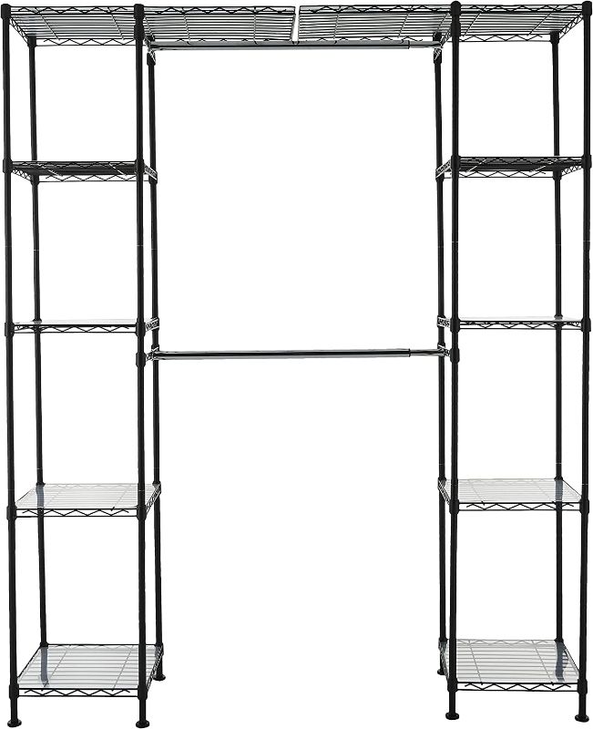 Photo 1 of **ACTUAL ORGANIZER IS DIFFERENT COLOR, MISSING HARDWARE**
Amazon Basics Expandable Metal Hanging Storage Organizer Rack Wardrobe with Shelves, 14"-63" x 58"-72", Black
