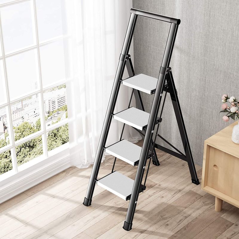 Photo 1 of 4 Steps Aluminum Stepstool Ladder Lightweight Folding Ladder with Anti-Slip and Wide Pedal, Space Saving for Home and Kitchen Use, (Black+Silver)
