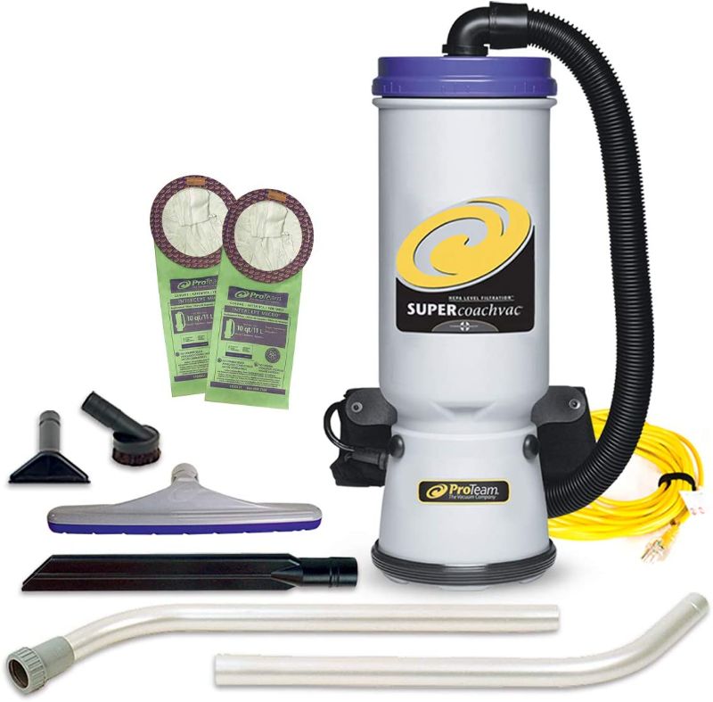 Photo 1 of **INCOMPLETE**ProTeam Commercial Backpack Vacuum, Super CoachVac Vacuum Backpack with HEPA Media Filtration and Xover Multi-Surface 2-Piece Wand Tool Kit, 10 quart, Corded**VACUUM ONLY**
