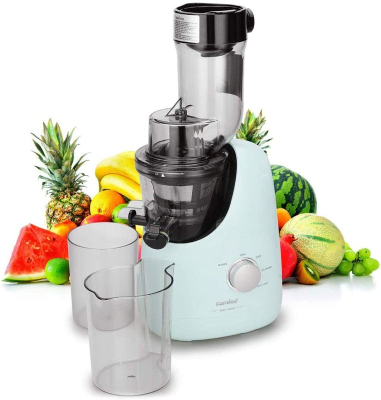 Photo 1 of COMFEE' BPA Free Masticating Juicer Extractor with Ice Cream Maker Function. 3.4inch Large Chute. 55RPM Slow Cold Press Masticating and Grinding. High Yield. Quiet Motor. Reverse Function. Mint Green
