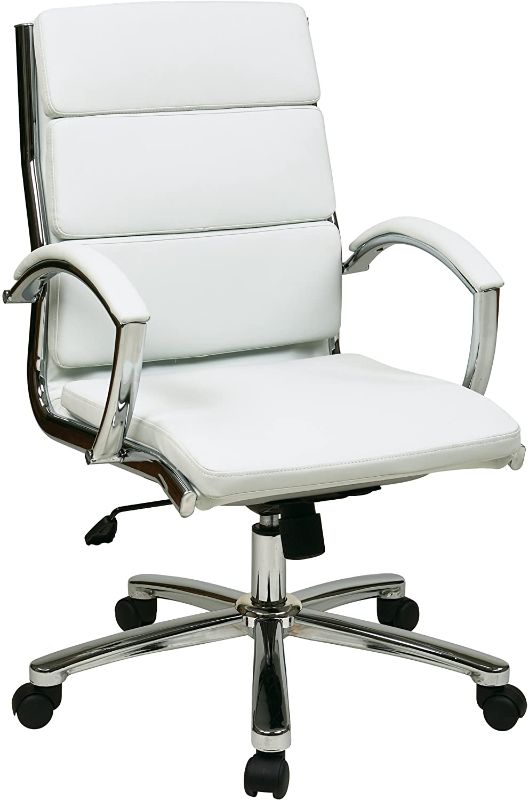 Photo 1 of Office Star FL Series Executive Mid Back Faux Leather Office Chair with Padded Loop Arms and Polished Aluminum Finish, White
