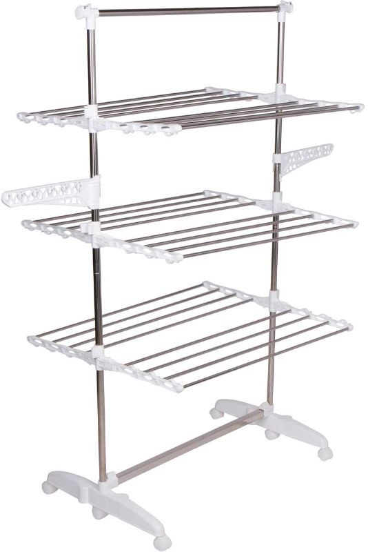 Photo 1 of 3-Tier Clothes Drying Rack - Fully Adjustable Stainless Steel Racks - Fully Foldable - Wheels (White)
