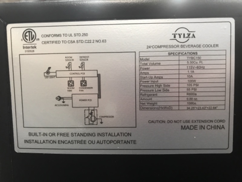 Photo 3 of **WILL NOT SEAL PROPERLY*** TYLZA Beverage Refrigerator 24 Inch, 190 Can Built-in/Freestanding Beverage Cooler Fridge with Glass Door and Advanced Cooling Compressor for Beer and Soda or Wine, Low Noise, 37-64 F
