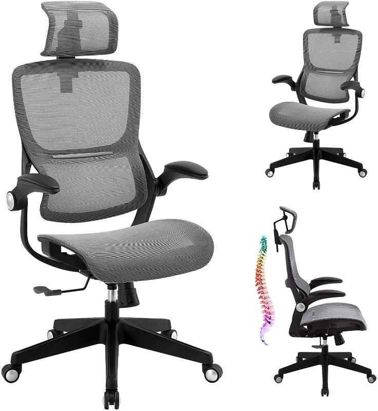 Photo 1 of Office Chair Ergonomic Desk Chair - Mesh High Back 3D Lumbar Support Computer Chair, Adjustable Height & Headrest, Swivel Executive Chair with Flip-Up Armrests, Reclining Home Office Desk Chair, Grey
