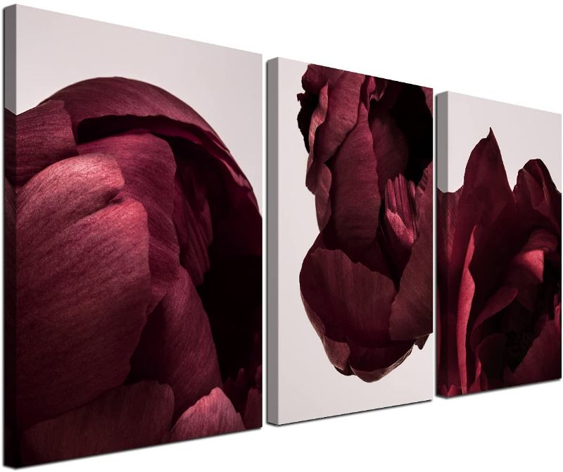 Photo 1 of 3 Piece Rose Wall Art Dark Red Petal Floral Paint Print on Canvas Modern Flower Home Decoration for Living Room Bedroom Kitchen Bathroom Frame Artwork Wall Décor Photo 16x24 Inches for Couples (2-Pack)