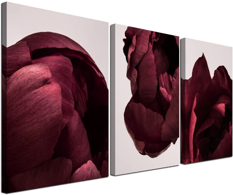 Photo 1 of 3 Piece Rose Wall Art Dark Red Petal Floral Paint Print on Canvas Modern Flower Home Decoration for Living Room Bedroom Kitchen Bathroom Frame Artwork Wall Décor Photo 16x24 Inches for Couples (Single)