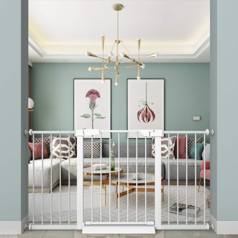 Photo 1 of Fairy Baby White Extra Wide or Narrow Baby Gate Pressure Mounted Pet Gate Walk Thru Child Safety Gate with Extensions (White, 73.62"-76.38")  5.91 x 0.79 x 27.95 inches
