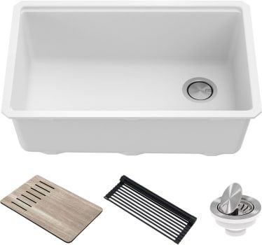 Photo 1 of 30 Inch Single Bowl Undermount Kitchen Sink with Accessories, Workstation Sink, Naturally Hygenic Material, Advanced Granite Composite, Spacious Single Bowl, Roll-Up Dish Drying Rack, and Heavy-Duty Cutting Board Width: 19 Inch
Length: 29 Inch
Depth: 10 I