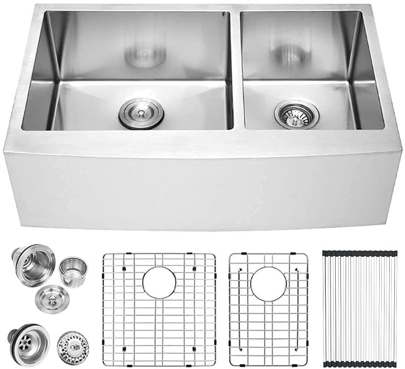 Photo 1 of 33 Farmhouse Sink Double Bowl - Lordear 33 inch Stainless Steel Kitchen Sink 16 Gauge Apron Front Double Bowl 60/40 Kitchen Farm Sink 33"X21" 60/40

