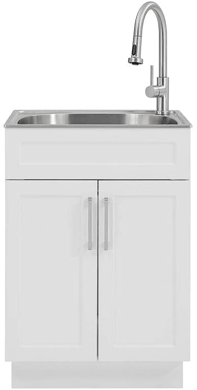 Photo 1 of All-in-One 24.125 in. x 21.375 in. x 35 in. Stainless Steel Laundry Sink with Faucet and White Storage Cabinet
