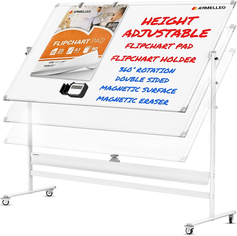 Photo 1 of ***MISSING PARTS*** Mobile Whiteboard - Large 360° Reversible Double Sided Dry Erase Board - Magnetic Big White Board on Wheels - Office Classroom Portable Rolling Easel Stand with Flip Chart Holders, Paper Pad | 70x36 (MISSING WHEELS)