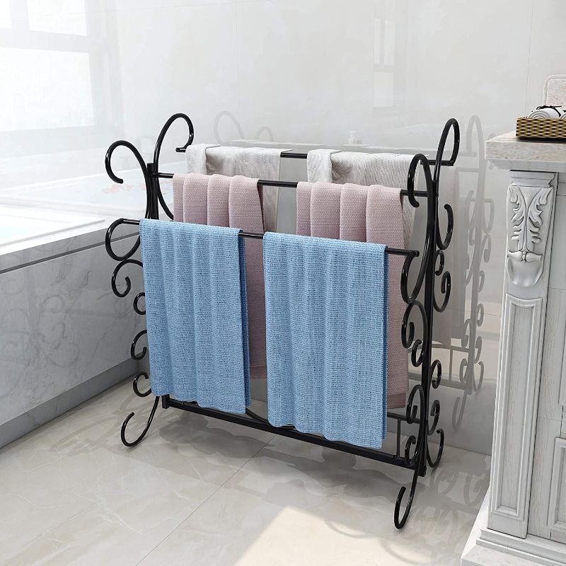 Photo 1 of Albearing Freestanding Towel Rack 3 Tier Outdoor Pool Towel Drying Holder Standing for Bathroom Floor, Black