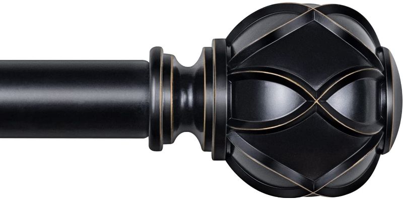 Photo 1 of 1 Inch Black Window Curtain Rod 36 to 72 Inches, Single Indoor/Outdoor Drapery Rod for Heavy Fabrics, Ceiling or Wall Mount, Woven-Design Finials (Black, 36-72")
