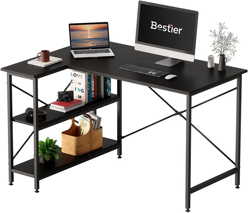 Photo 1 of Bestier Small L Shaped Desk with Shelves 47 Inch Reversible Corner Computer Desk Writing Gaming Storage Table for Home Office Small Space, BLACK OAK