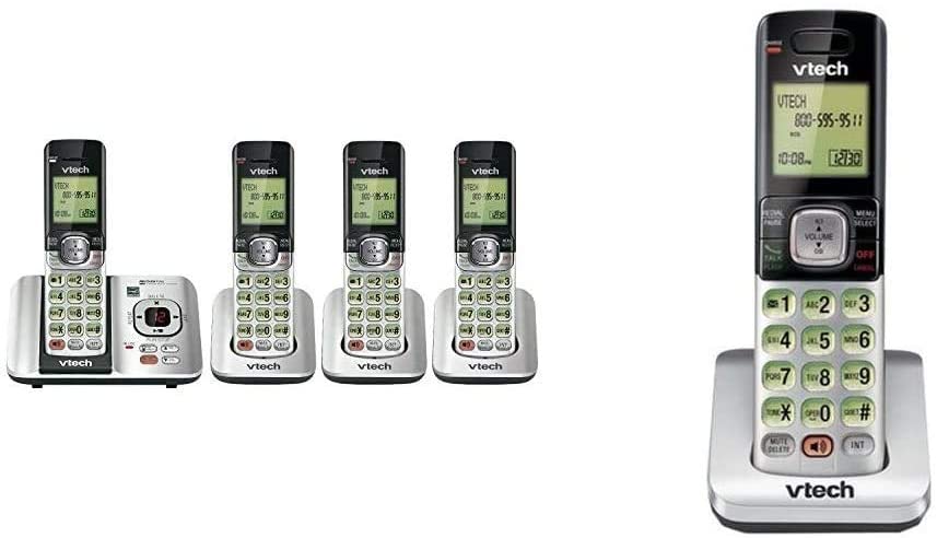 Photo 1 of 
VTech CS6529-4 DECT 6.0 Phone Answering System, Silver/Black & CS6709 Accessory Cordless Handset, Silver/Black | Requires VTech CS6719, CS6729, CS6829,...
Color:Silver
Style:4 Cordless Handsets
Pattern Name:Phone + Cordless Handset, Silver/Black