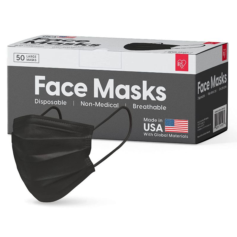 Photo 1 of 
IRIS USA Disposable Face Mask 50 Pcs Breathable 3 Layer Face Mask Black Disposable Face Mask or White Mask Color Option Made in USA,50-piece/ Black,Adult,250022
Color:50-piece/Black