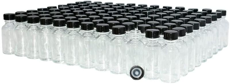 Photo 1 of (Pack of 108) 1 oz. Clear Boston Round with Black Cone Lined Cap