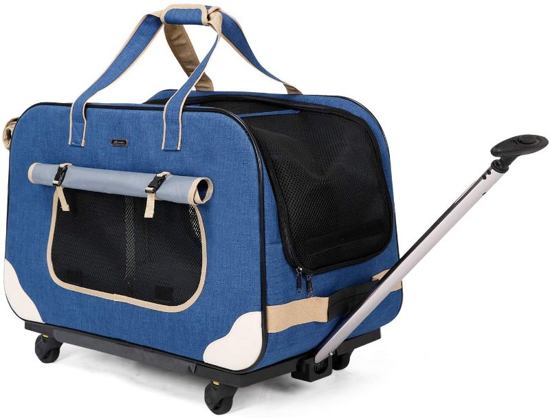 Photo 1 of 
ELEGX Pet Rolling Carrier with Detachable Wheels Travel Rolling Carrier for Small & Medium Dogs/Cats up to 33 Pounds, Collapsible and Breathable
Color:2-Blue