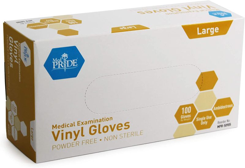 Photo 1 of 
Med PRIDE Medical Vinyl Examination Gloves (Large, 100-Count) Latex Free Rubber | Disposable, Ultra-Strong, Clear | Fluid, Blood, Exam, Healthcare, Food Handling Use | No Powder. 2 BOXES OF 100