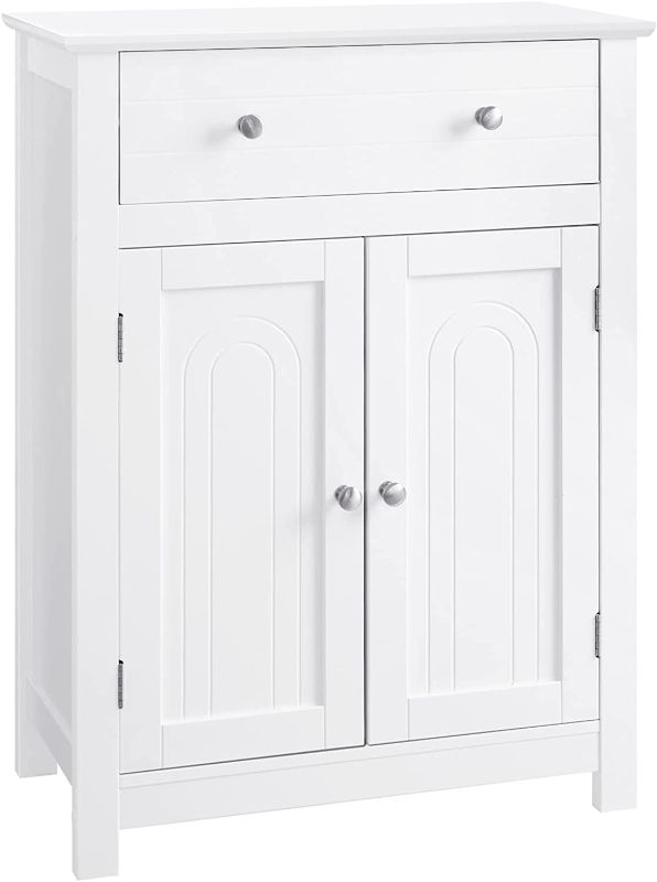 Photo 1 of ***PREVIOUSLY USED, DAMAGED***
VASAGLE Free Standing Bathroom Drawer and Adjustable Shelf, Kitchen Cupboard, Wooden Entryway Storage Cabinet, 23.6 x 11.8 x 31.5 Inches, White UBBC61WT
