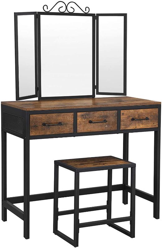 Photo 1 of **DAMAGED, MISSING PANELS, INCOPLETE, PARTS ONLY**
VASAGLE Vanity Table Set, Writing Desk, Makeup Table with Stool, 3 Drawers, Tri-Fold Mirror, Metal Frame, Industrial, Rustic Brown and Black URVT02BX

