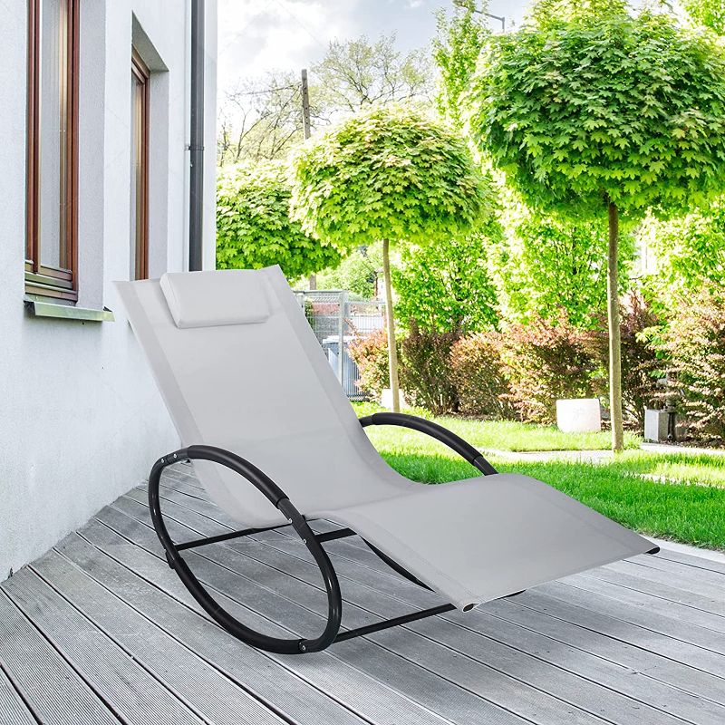 Photo 1 of **MISSING HARDWARE**
YOLANDA DIRECT Patio Rocking Chair Lounge Chair, with Detachable Headrest Pillow, Breathable Texteline Farbic, Zero Gravity Rocking Chaise, for Indoor and Outdoor Reclining Chairs (Light Grey
