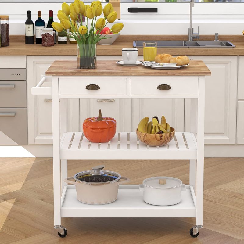 Photo 1 of **ACTUAL ISLAND IS DIFFERENT FROM STOCK PHOTO**MISSING HARDWARE**
ChooChoo Rolling Kitchen Cart, Portable Kitchen Island Wood Top Kitchen Trolley with Drawers and Two-Tier Open Shelf, Towel Rack, White

