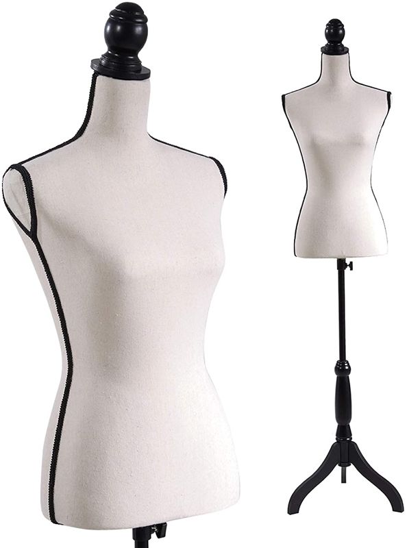 Photo 1 of **USED, MISSING HARDWARE**
Beige Female Dress Form Mannequin Torso Body with Black Adjustable Tripod Stand for Clothing Dress Jewelry Display
