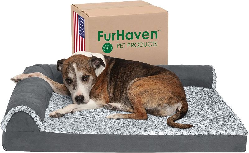Photo 1 of **ZIPPER IS DAMAGED**
Furhaven Orthopedic CertiPUR-US Certified Foam Pet Beds for Small, Medium, and Large Dogs and Cats - Two-Tone L Chaise, Southwest Kilim Sofa, Faux Fur Velvet Sofa Dog Bed, and More

