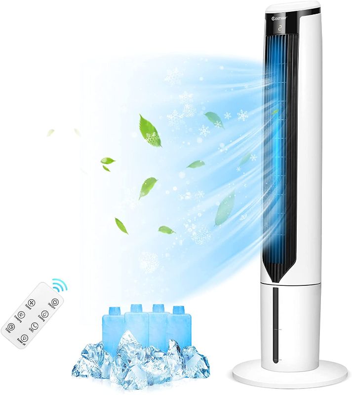 Photo 1 of **DAMAGED, DOES NOT FUNCTION** PARTS ONLY**
COSTWAY Evaporative Cooler, Include Remote Control, 4 Ice Packs, Portable Bladeless Tower Fan with 3 Modes, 3 Speeds, 9H Timer, LED Display, Air Cooler for Indoor Use, Bedroom, White
