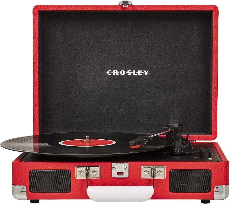 Photo 1 of Crosley CR8005D-RE Cruiser Deluxe Vintage 3-Speed Bluetooth Suitcase Turntable, Red 
LATCH IS DAMAGED/DISC PLAYER COMES UNDONE