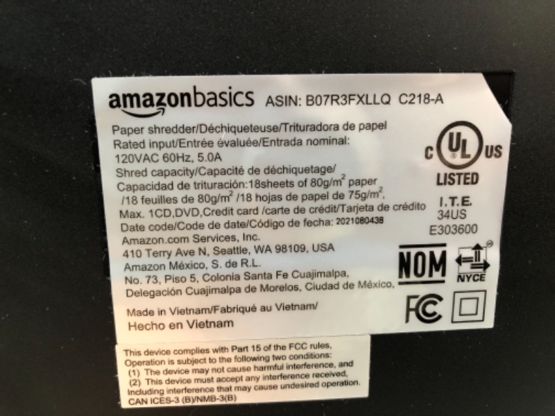 Photo 4 of Amazon Basics 18-Sheet Cross-Cut Paper, CD, and Credit Card Shredder


/parts only// nonfunctional