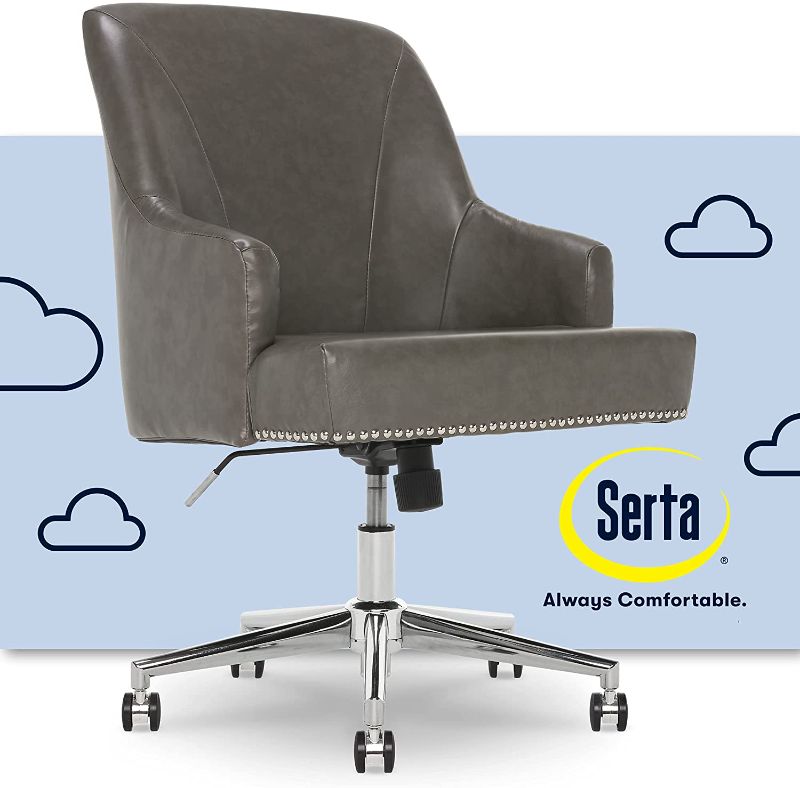 Photo 1 of Serta Leighton Home Office Chair with Memory Foam, Height-Adjustable Desk Accent Chair with Chrome-Finished Stainless-Steel Base, Bonded Leather, Gray, Gathering Gray, (Model: )
