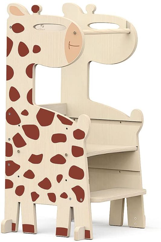 Photo 2 of PP OPOUNT Kitchen Step Stool for Kids, 3-Level Adjustable Height Montessori Learning Toddler Step with Safety Protective Net and Non-Slip Mat, Giraffe Style...
