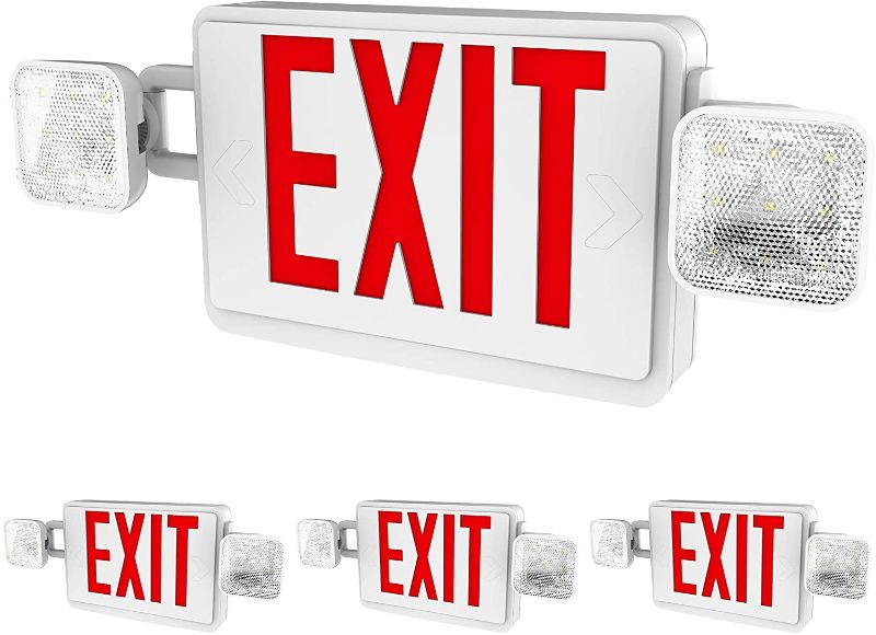 Photo 1 of Sunco Lighting 4 Pack Double Sided LED Emergency EXIT Sign, Two LED Flood Lights, Backup Battery, US Standard Red Letter Emergency Exit Lighting, Commercial Grade, 120-277V, Fire Resistant (UL 94V-0)
