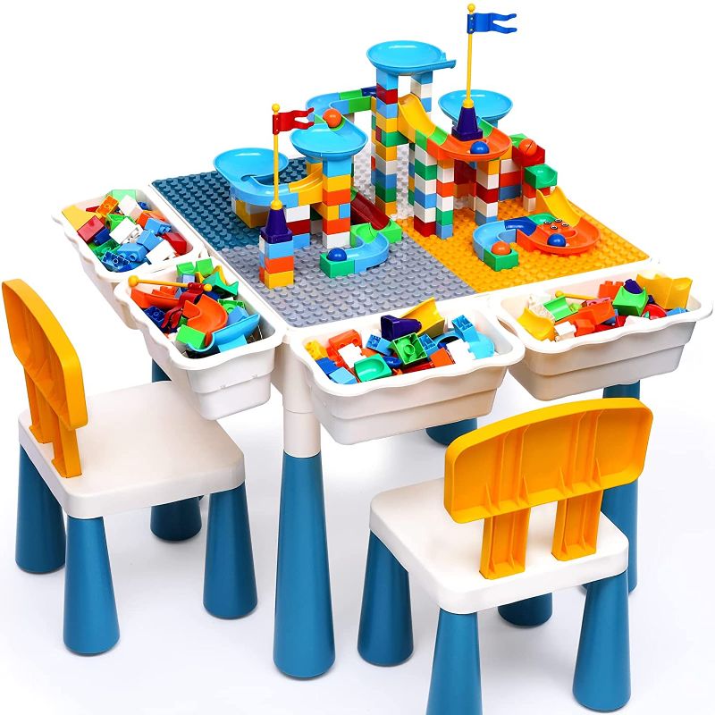 Photo 1 of Arscniek Kids Activity Table and Chair Set Multiple Toddler Activity Table with 152Pcs Large Building Blocks, 2 Chairs, Water Table, Sand Table, Building Blocks Table for Toddler 3 4 5 6-10 Year Old
