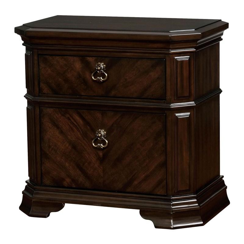 Photo 1 of 2 Drawer Wooden Nightstand With Clipped Corner And Metal Ring Pulls, Brown 