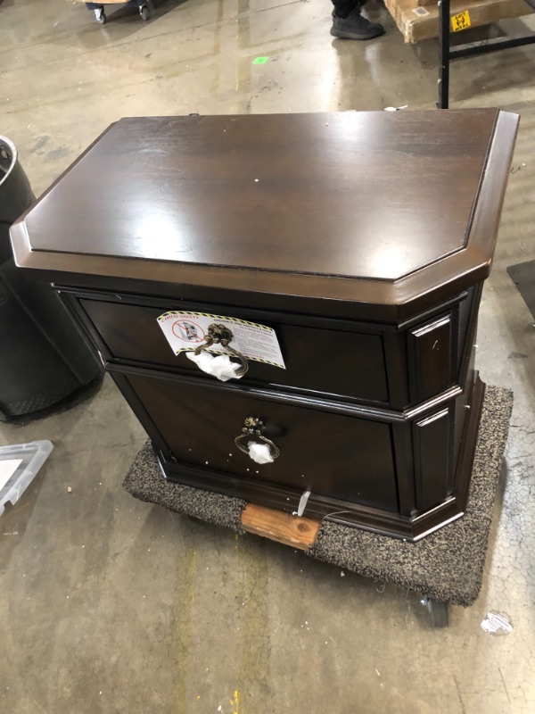 Photo 3 of 2 Drawer Wooden Nightstand With Clipped Corner And Metal Ring Pulls, Brown 