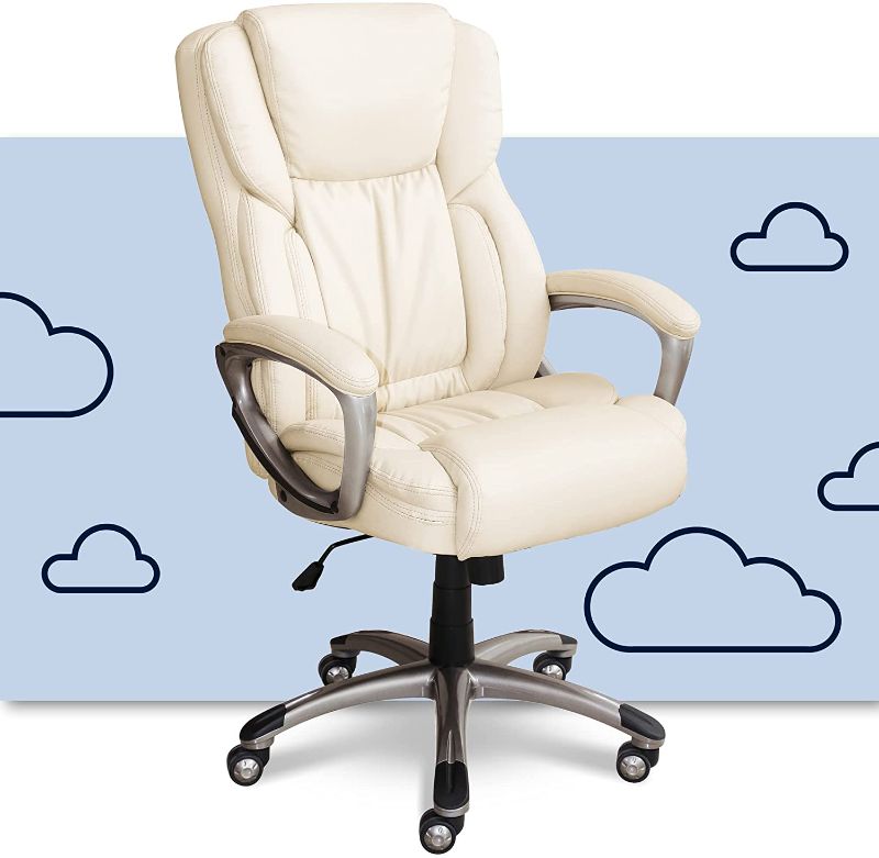 Photo 1 of Serta Executive Office Adjustable Ergonomic Computer Chair with Layered Body Pillows, Waterfall Seat Edge, Bonded Leather, Ivory White
