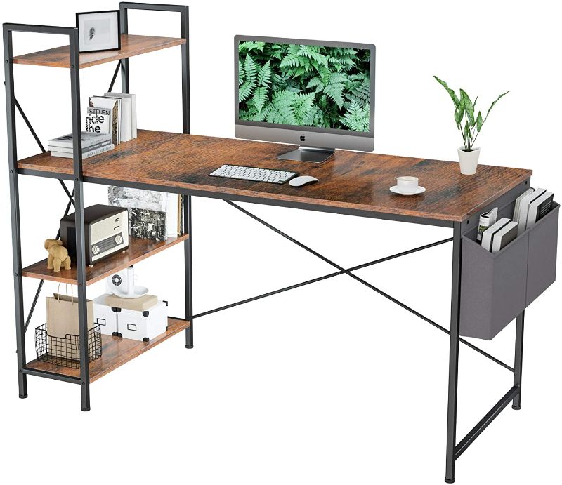 Photo 1 of white 55 Inch Computer Desk with Shelves -Aludest Modern Writing Desk with Bookshelf PC Desk with Reversible Storage Shelves, Study Tower Desk Table for Home Office Easy Assemble SIMILAR TO STOCK PHOTO
