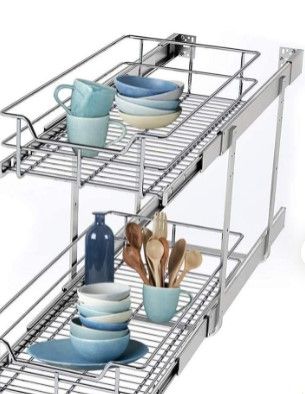 Photo 1 of 15 to 22in 2 Tier Wire Basket Pull Out Organizer Shelf Sliding Drawer Storage for Kitchen Base, Double-Tier Heavy Duty Cabinets Chrome-Plating