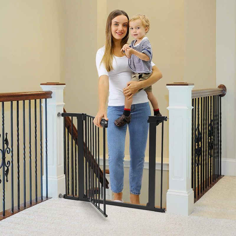Photo 1 of Cumbor 40.6” Auto Close Safety Baby Gate, Durable Extra Wide Child Gate for Stairs,Doorways, Easy Walk Thru Dog Gate for House. Includes 4 Wall Cups, 2.75-Inch and 5.5-Inch Extension, Black ?31.5 x 29 x 2 inches

