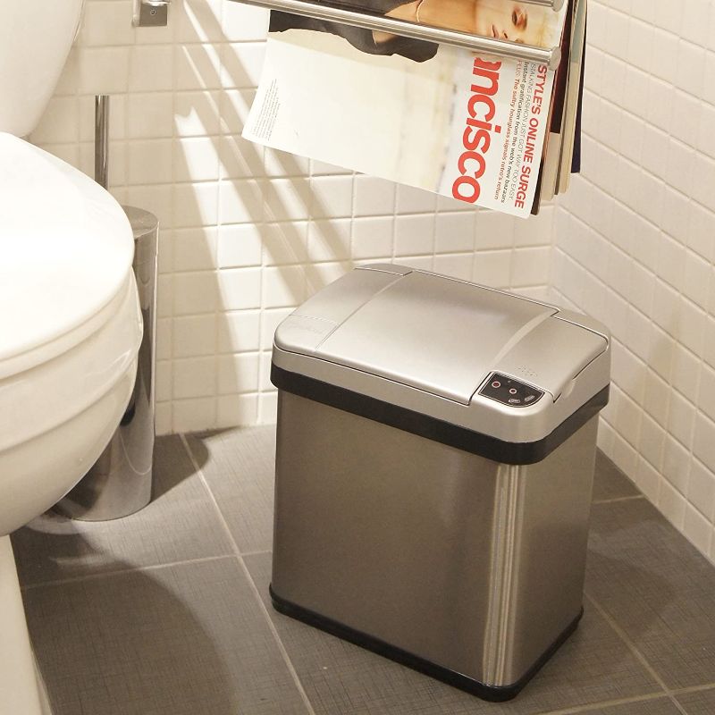 Photo 1 of iTouchless 2.5 Gallon Sensor Bathroom Trash Can with Odor Filter and Fragrance Home Office Kitchen Wastebasket Rectangular Stainless Steel (Powered by Batteries or AC Adapter, Both Not Included)
