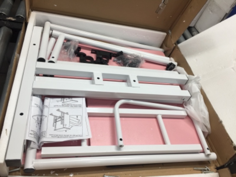 Photo 1 of Mind Reader Mobile Sitting Standing Desk Rolling Reversible Home Office Laptop Workstation with Side Storage, Locking Wheels, Large, Pink

