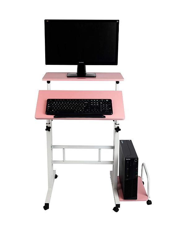 Photo 1 of Mind Reader Mobile Sitting Standing Desk Rolling Reversible Home Office Laptop Workstation with Side Storage, Locking Wheels, Large, Pink
