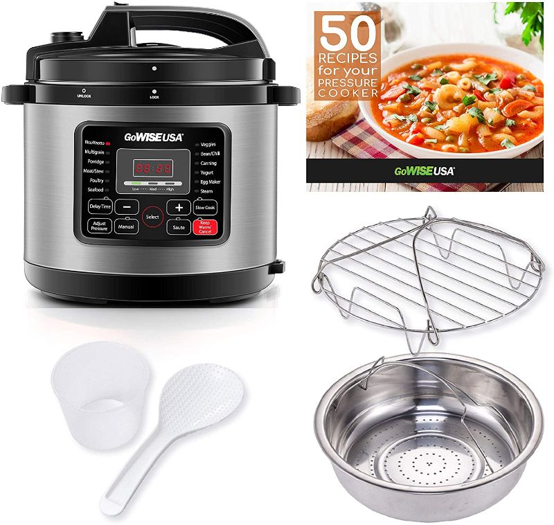 Photo 1 of GoWISE USA GW22711 6-Quart 12-in-1 Multi-Use Programmable Pressure Cooker, Slow Cook, Rice, Steamer, Saute, Yogurt Maker, and Warmer, Stainless Steel, 6-Qt