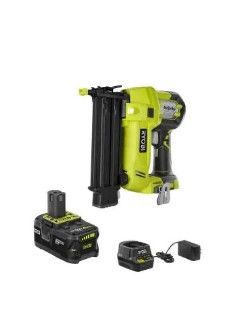 Photo 1 of RYOBI ONE+ 18V Cordless AirStrike 18-Gauge Brad Nailer with Sample Nails, (1) 4.0 Ah Battery and Charger